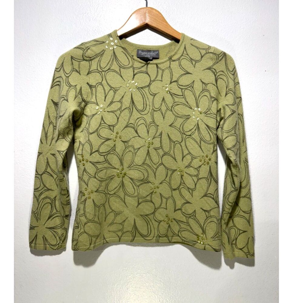 Graison & Dunn 100% cashmere sweatwr olive green sequins floral winter women Mp